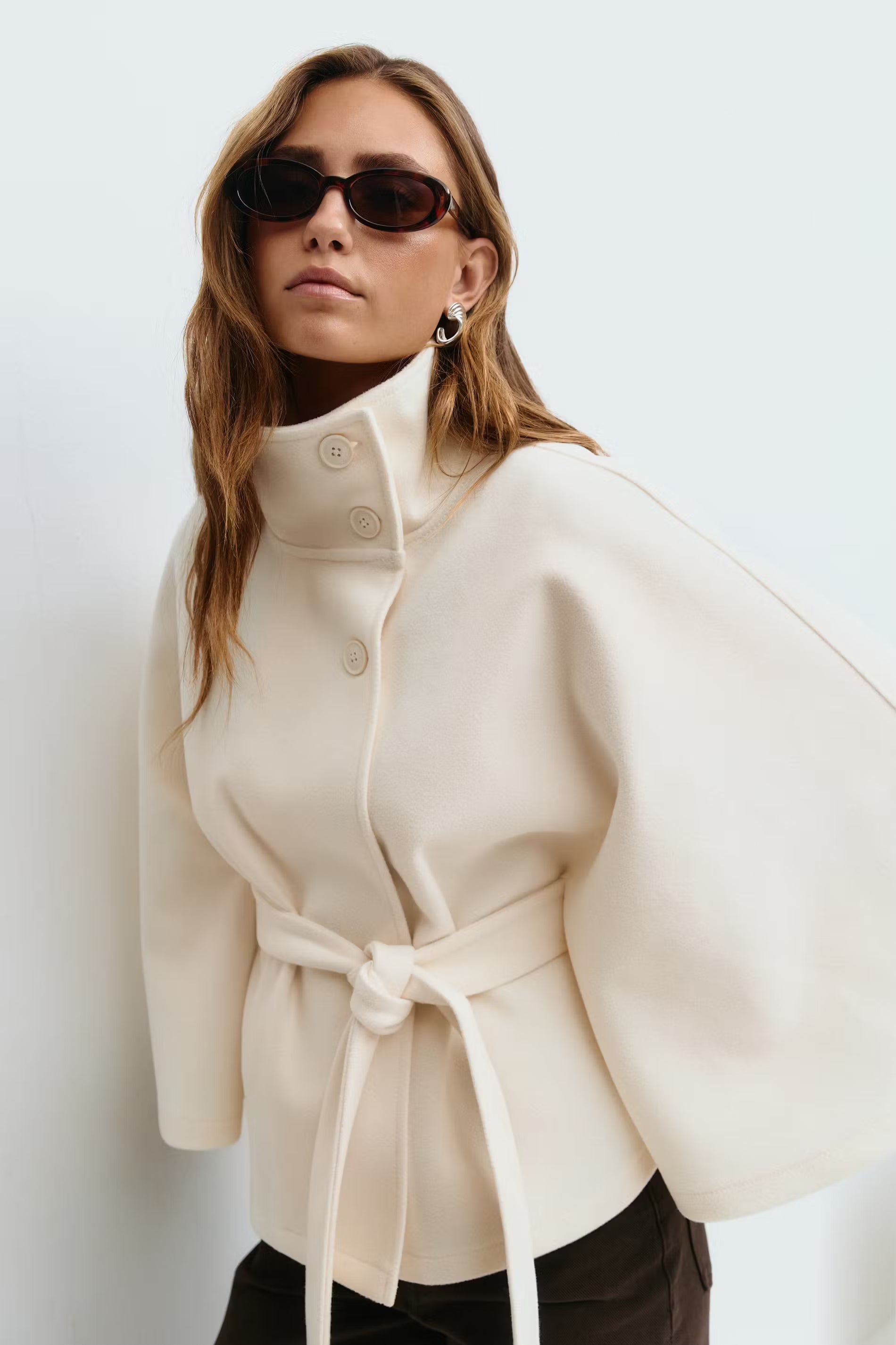 Women's Cape Coat High Neck Tie Belt Loose Silhouette