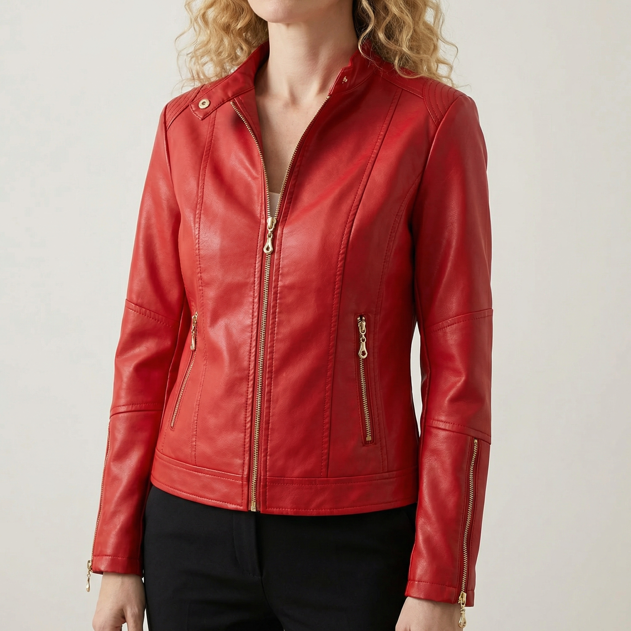Women's Faux Leather Biker Jacket Decorative Buttons Windproof