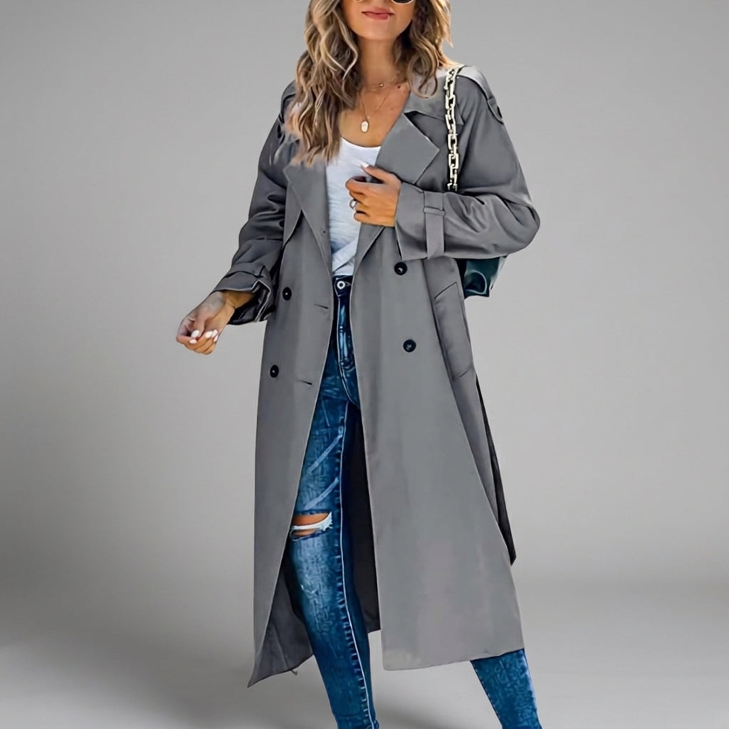 Trench-coat femme en coton, patte de boutonnage, coupe ajustée