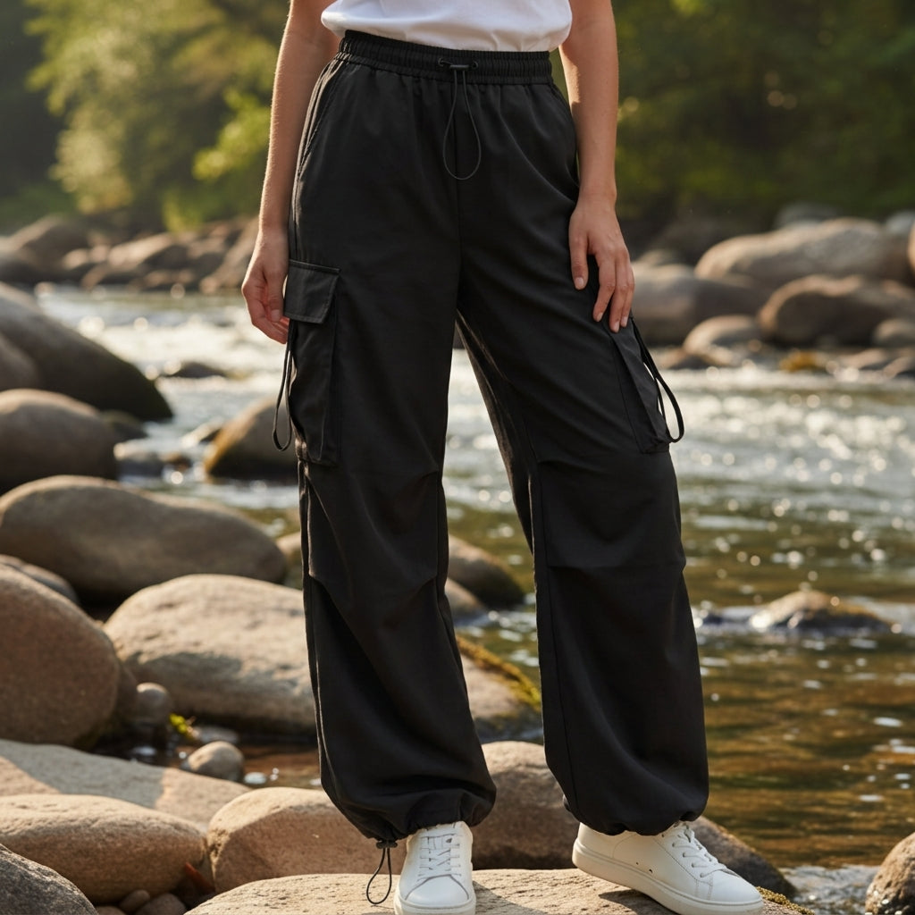 Women's Cotton Cargo Pants Wide-Leg Drawstring Waist