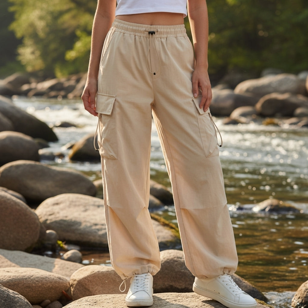 Women's Cotton Cargo Pants Wide-Leg Drawstring Waist