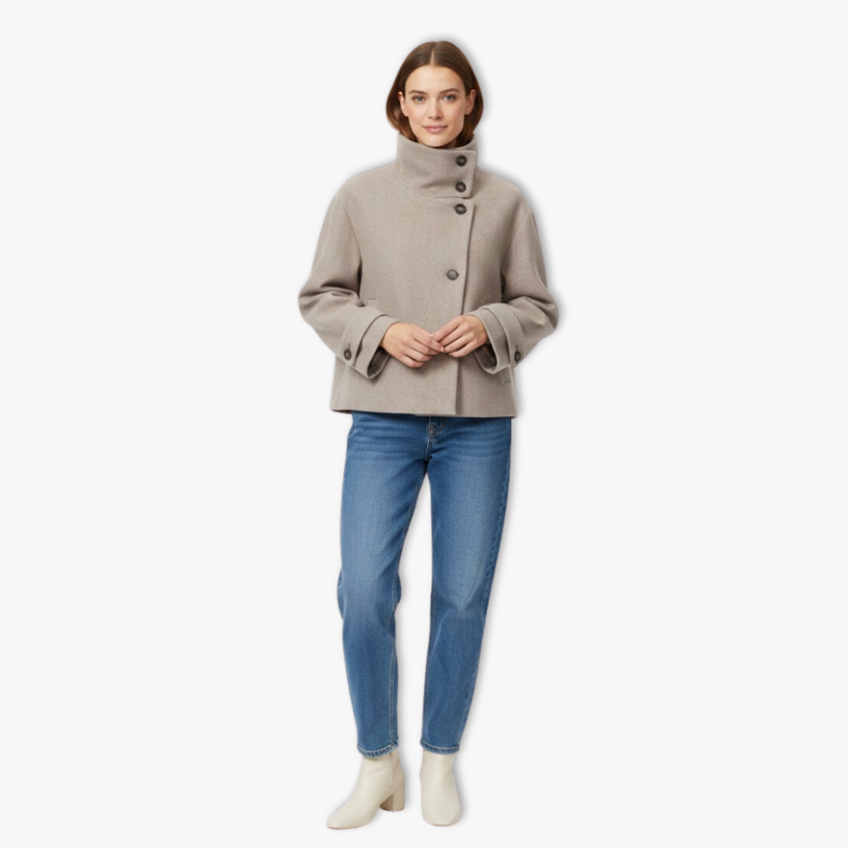 Manteau décontracté pour femme à col montant, détail boucle et manches longues