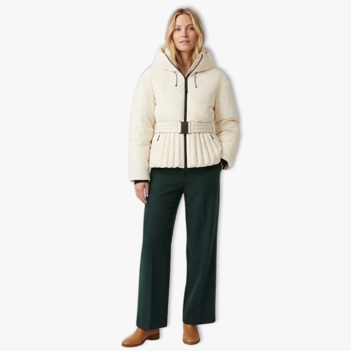 Women's Peplum Ski Jacket Hooded High Collar Belted Waist