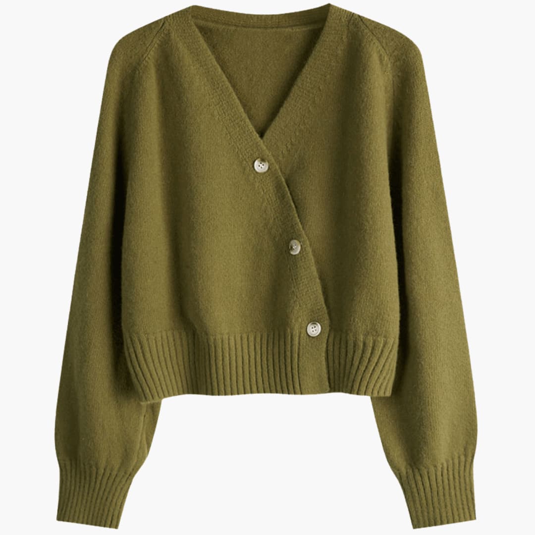 Women's V-Neck Buttoned Cardigan with Ribbed Hem