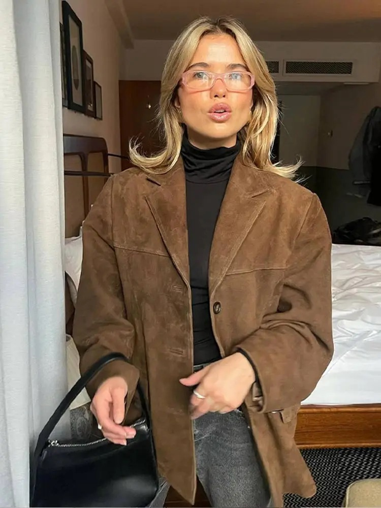 Women's Oversized Faux Suede Blazer Relaxed Elegant Fit