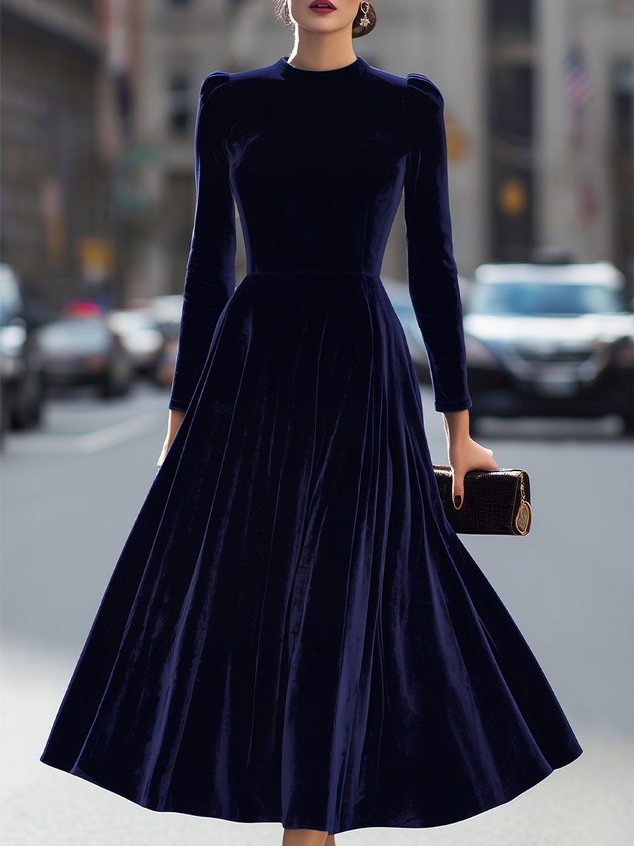 Elissa | Vestido midi de manga larga azul marino