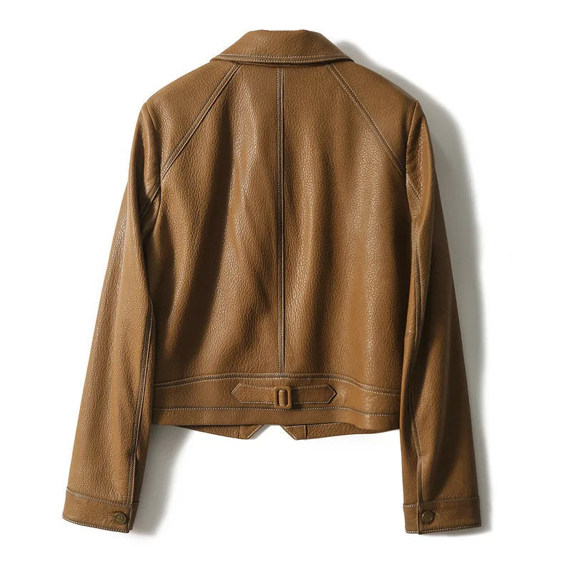 Blazer corto de piel sintética para mujer, cuello de solapa, detalles de costuras