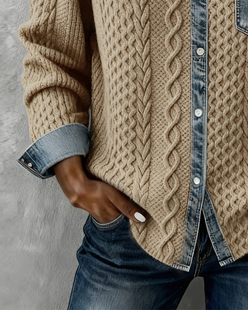 Harper - Chic Knitted Shirt with Denim Details