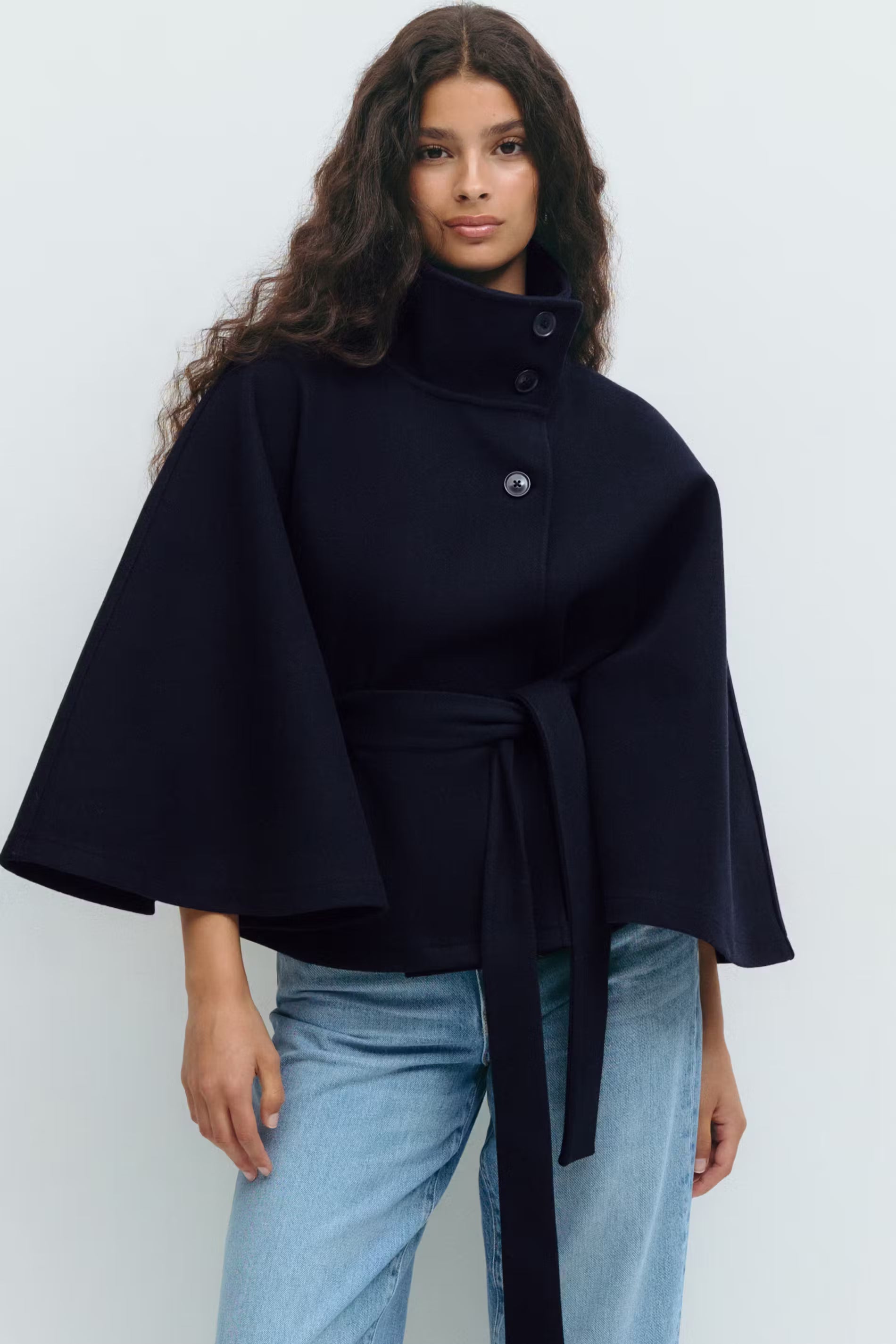 Women's Cape Coat High Neck Tie Belt Loose Silhouette