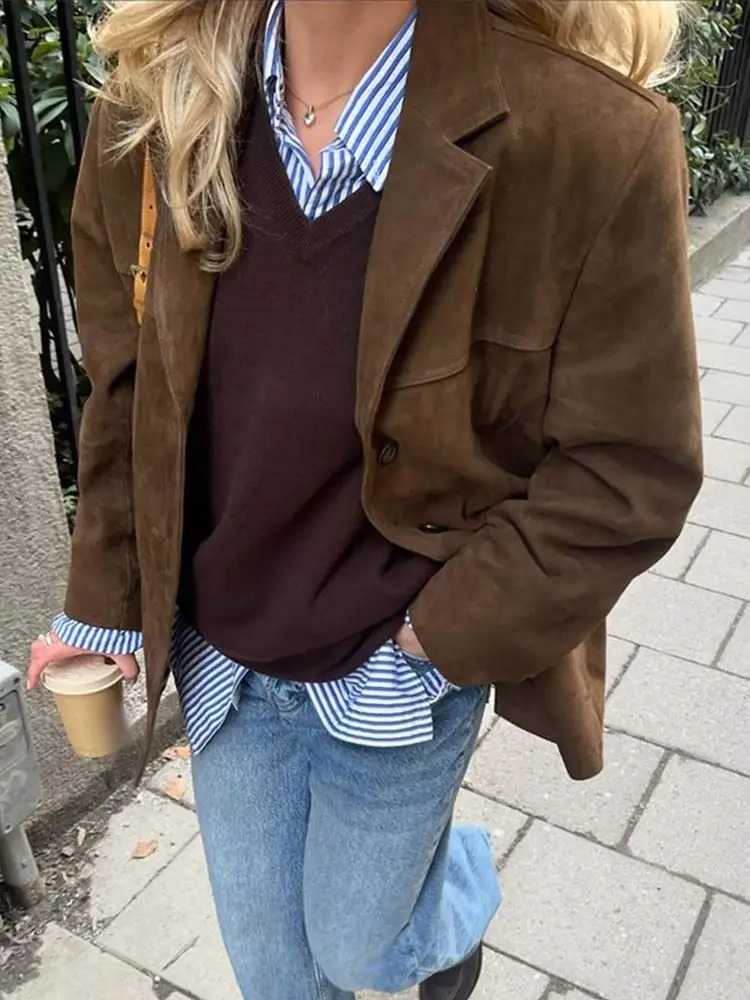 Women's Oversized Faux Suede Blazer Relaxed Elegant Fit