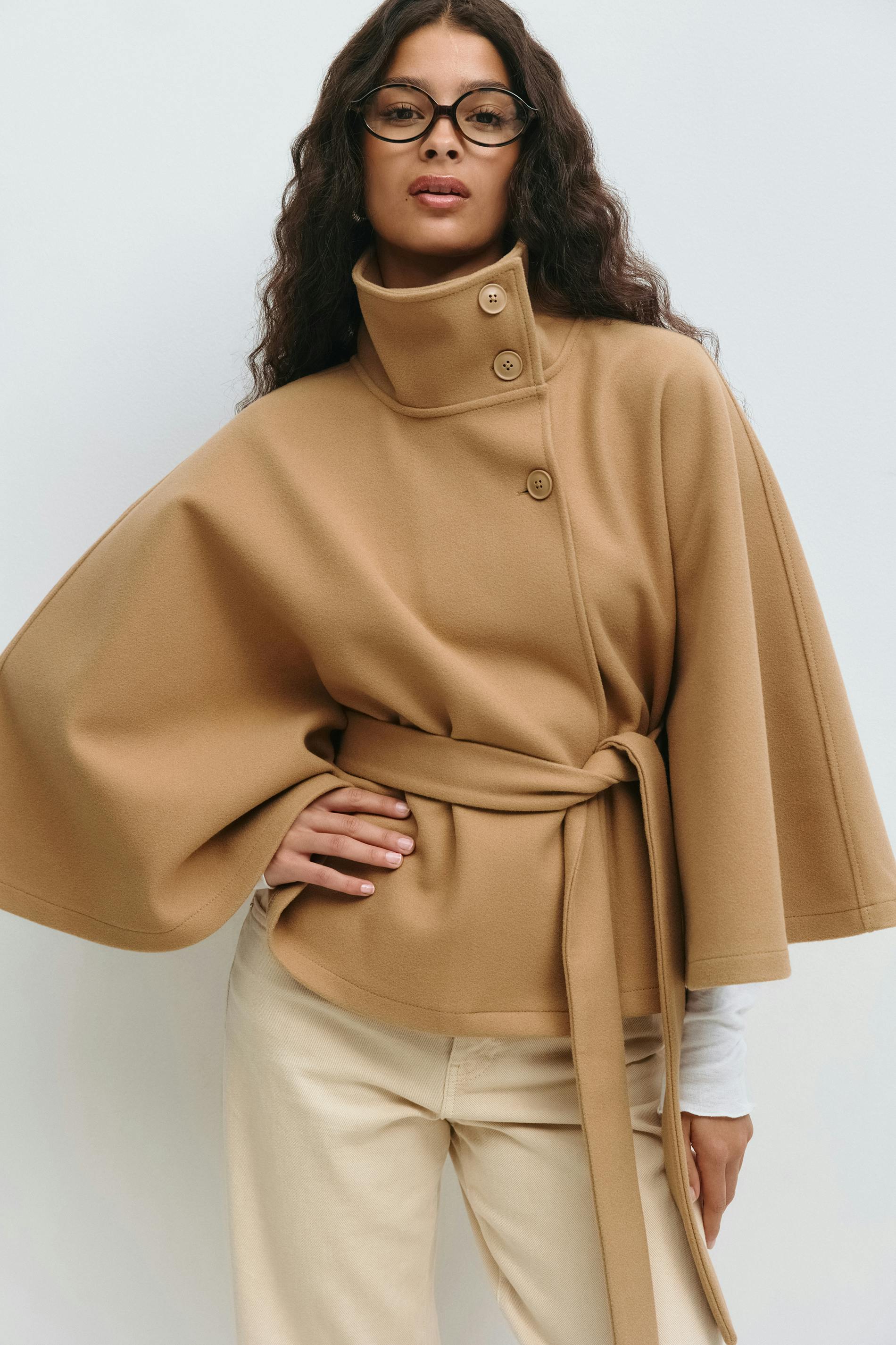 Women's Cape Coat High Neck Tie Belt Loose Silhouette