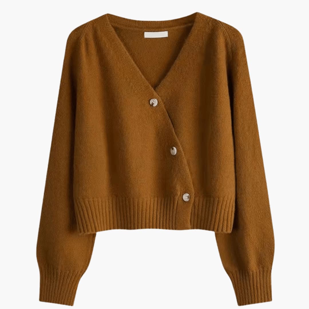 Women's V-Neck Buttoned Cardigan with Ribbed Hem