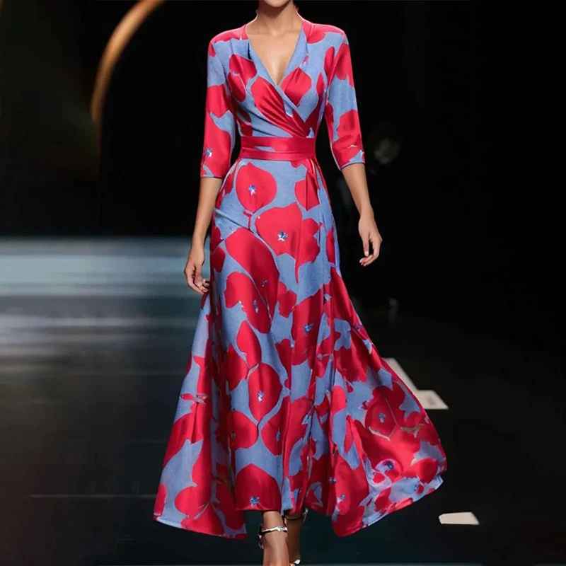 Zoe - Abito lungo classico a fiori con scollo a V