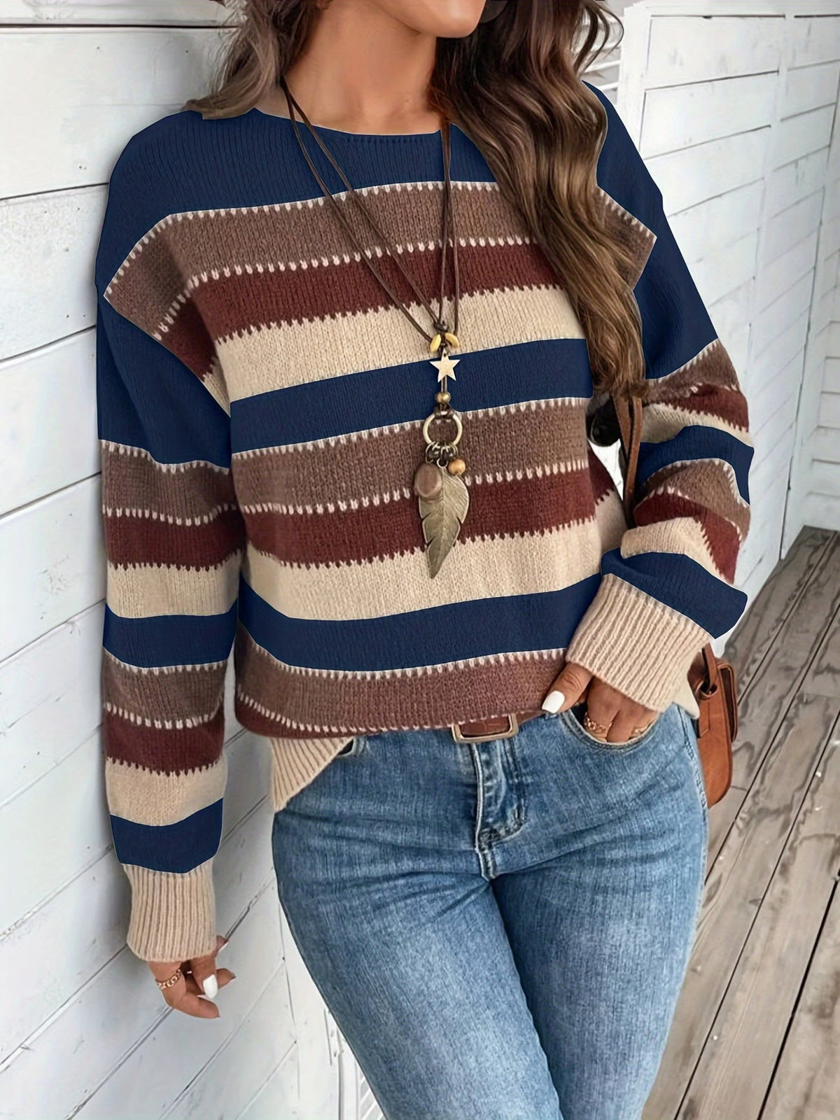 Pull en maille rayé pour femme à col rond