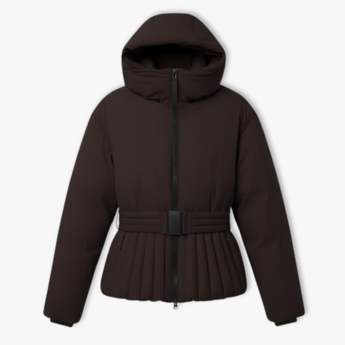 Women's Peplum Ski Jacket Hooded High Collar Belted Waist