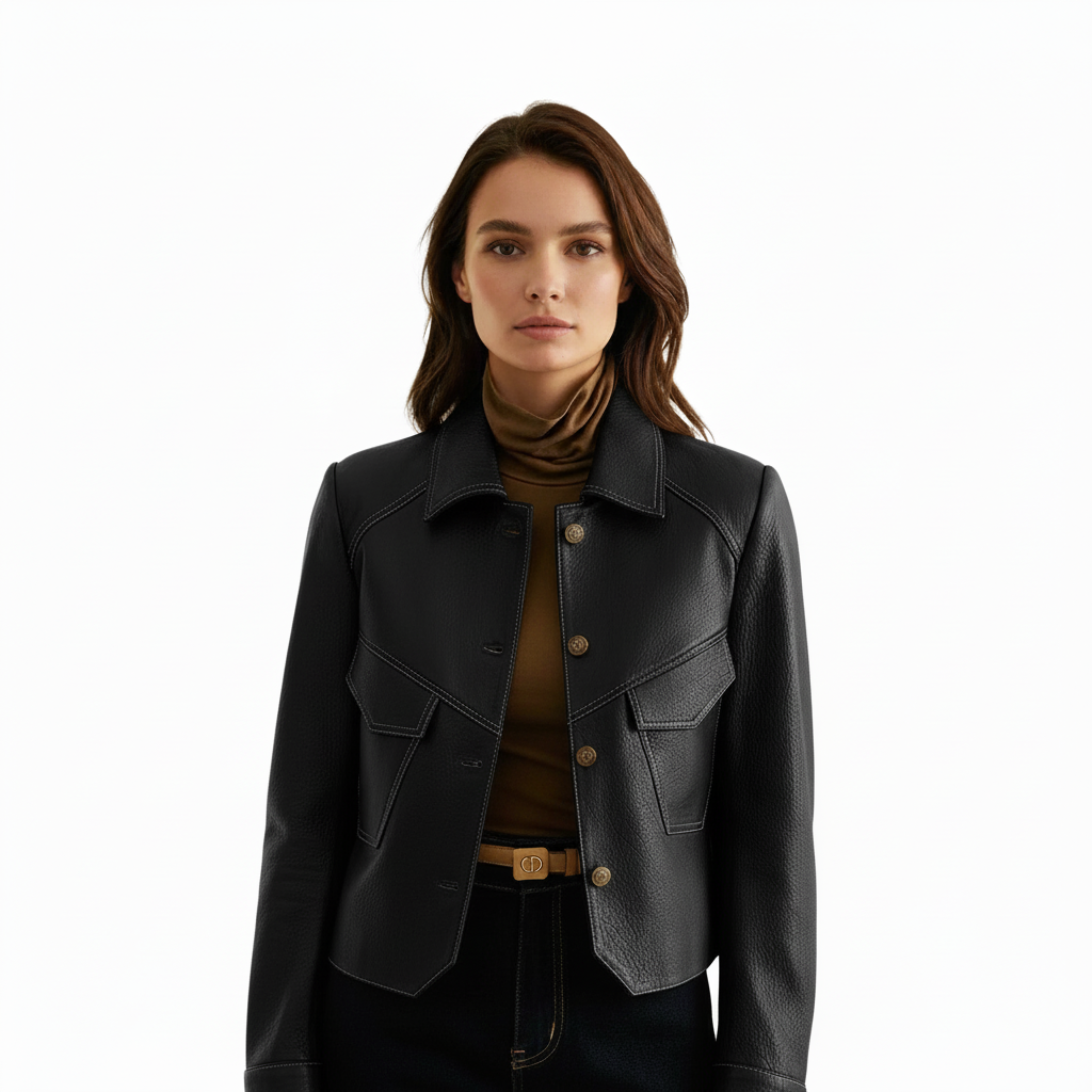 Women's Faux Leather Jacket Nipped Waist Tonal Topstitching