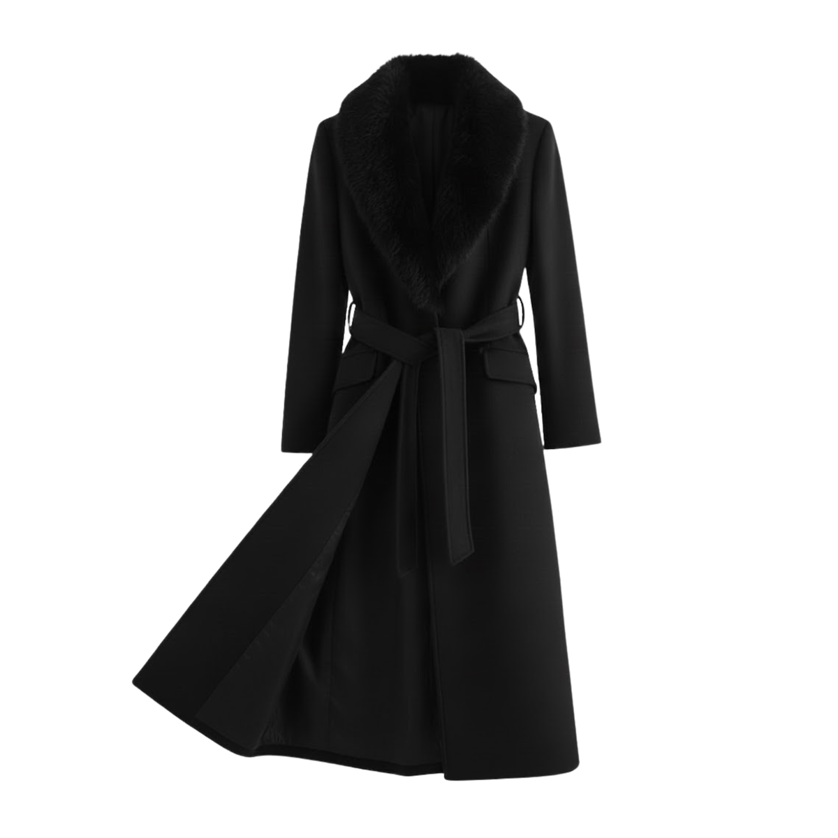 Women's Warm Belted Coat Fur Collar Flattering Winter Style