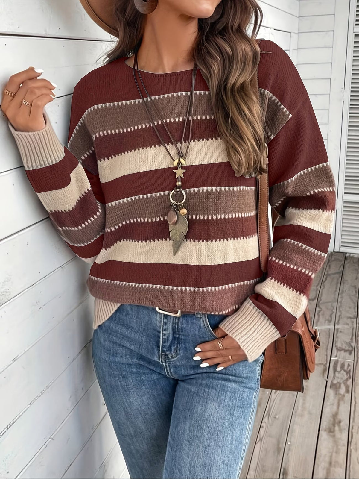 Pull en maille rayé pour femme à col rond