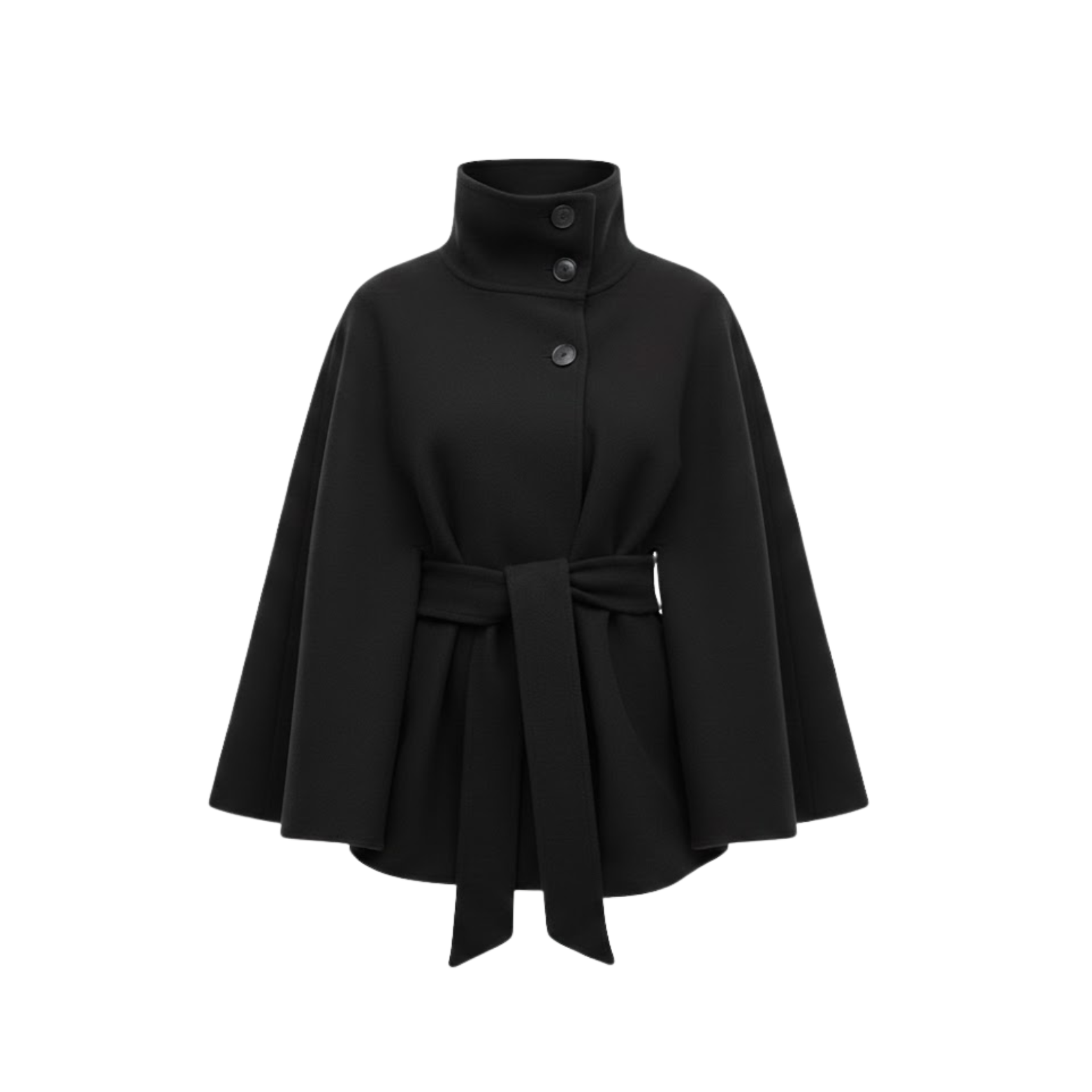 Mantella da donna, collo alto, cintura e chiusura asimmetrica
