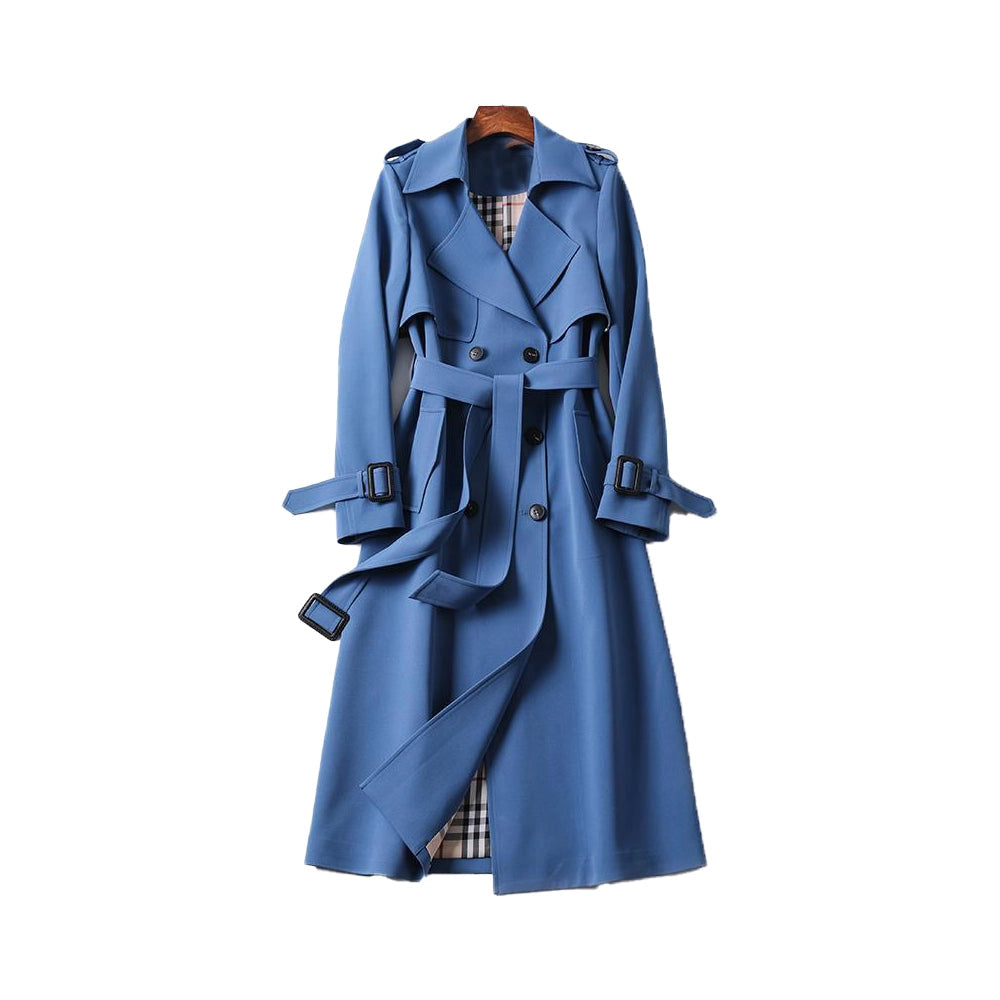 Women's Long Trench Coat with Double Button Closure