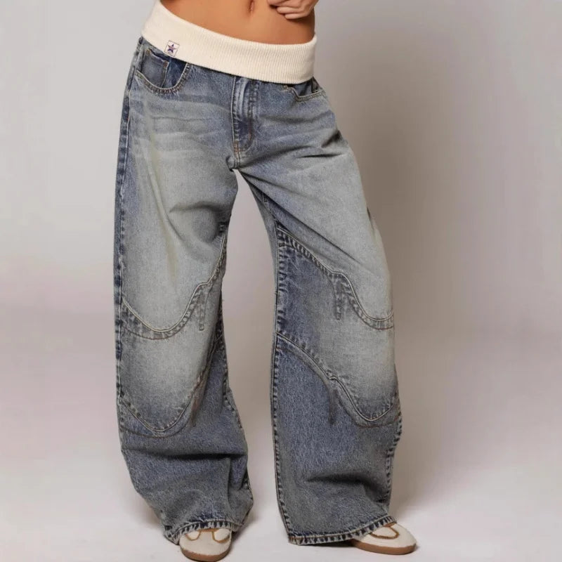 Women's Baggy Jeans Statement Seams Elastic Waist Comfort