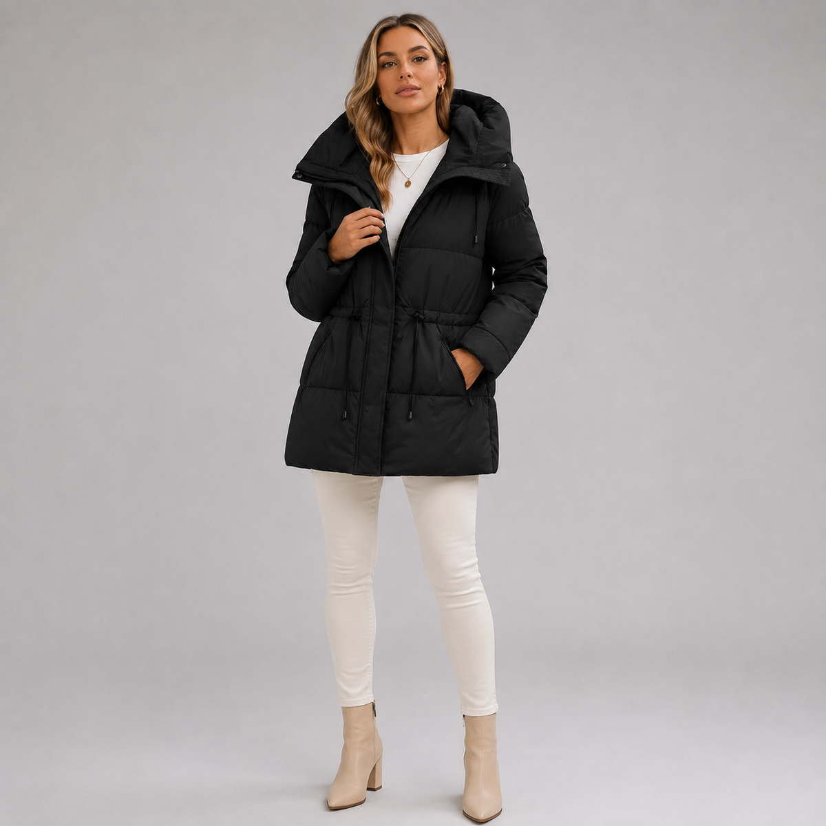 Women's Mid-Length Parka with Hood and Zip Closure