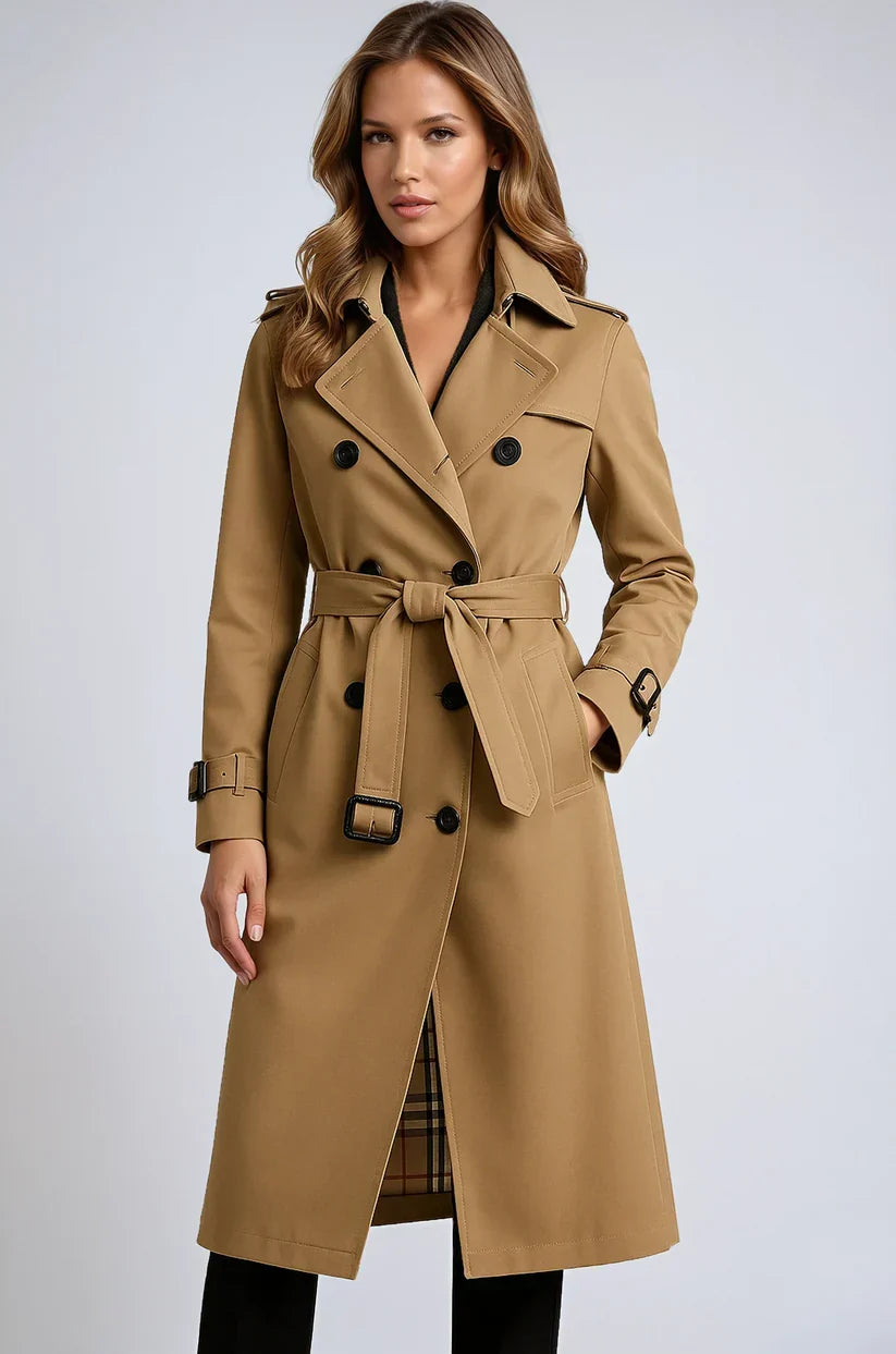 Women's Long Trench Coat with Double Button Closure