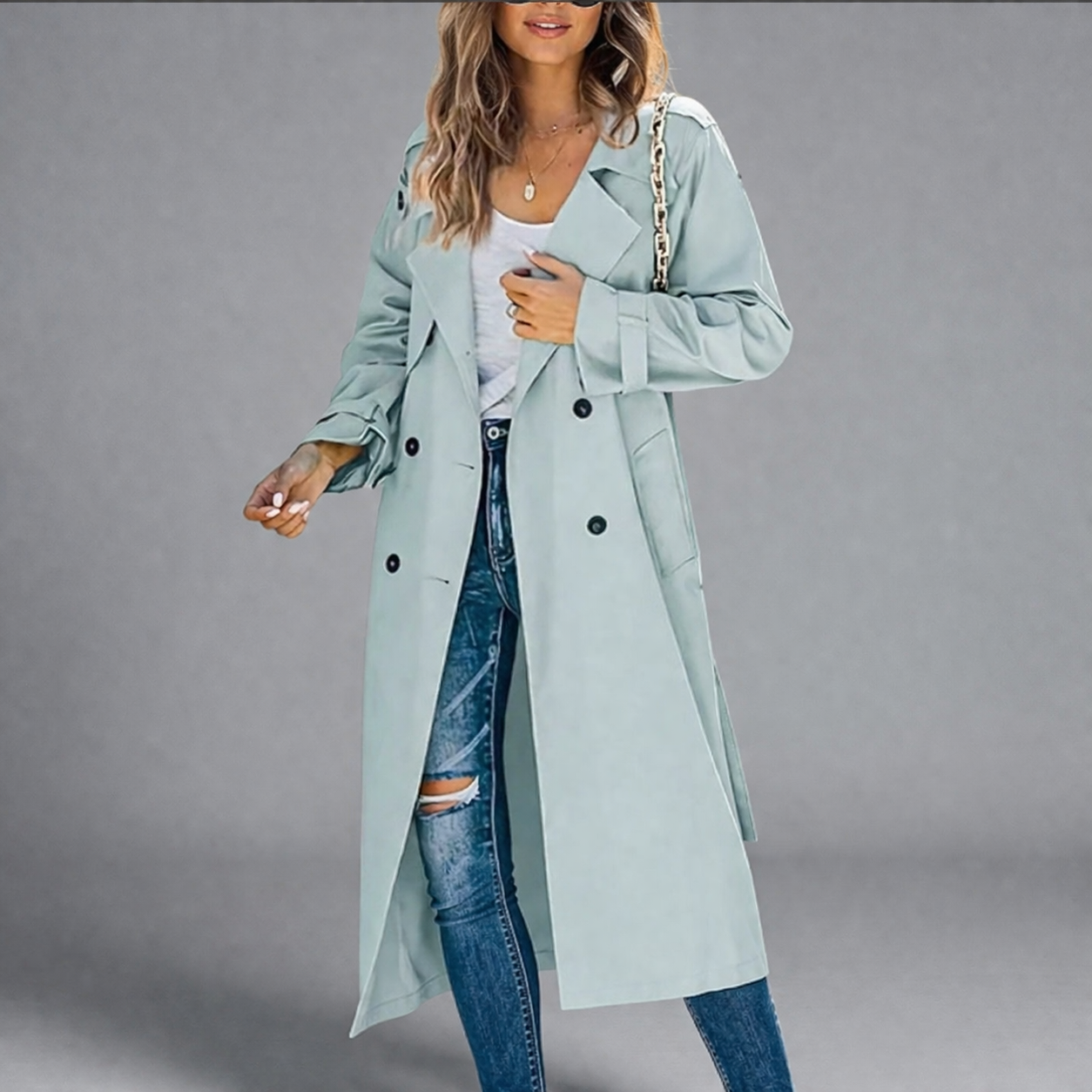 Trench-coat femme en coton, patte de boutonnage, coupe ajustée