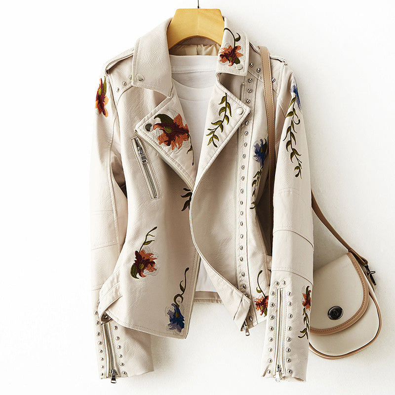 Women's Faux Leather Jacket Floral Embroidery Stud Accents
