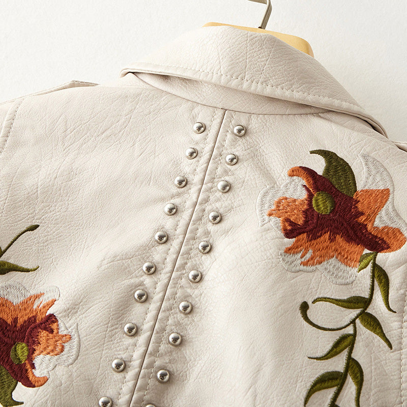 Women's Faux Leather Jacket Floral Embroidery Stud Accents
