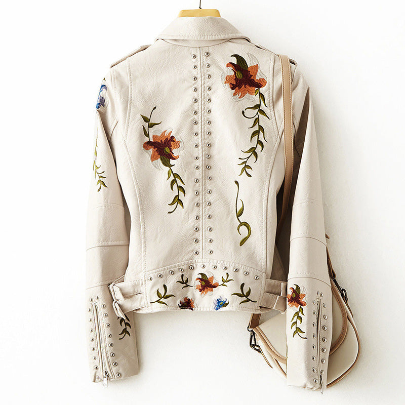 Women's Faux Leather Jacket Floral Embroidery Stud Accents