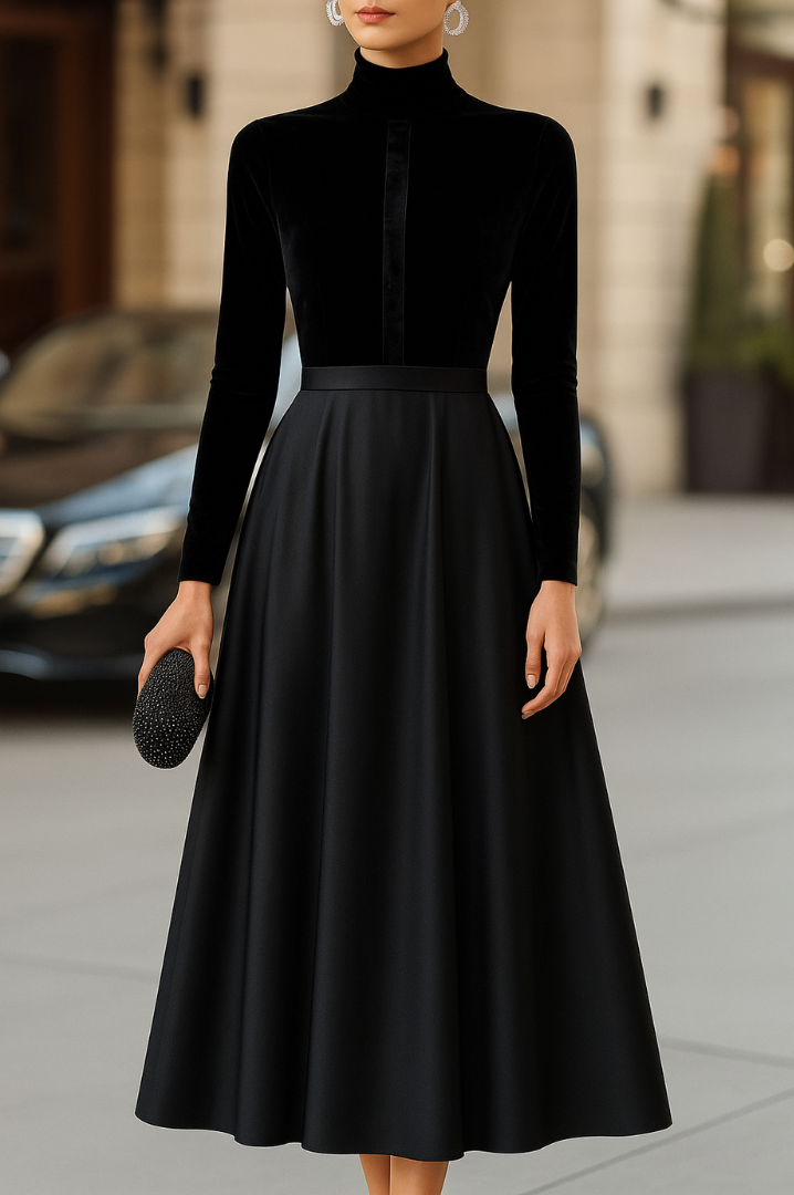Ava | Vestido midi elegante de terciopelo negro y satén
