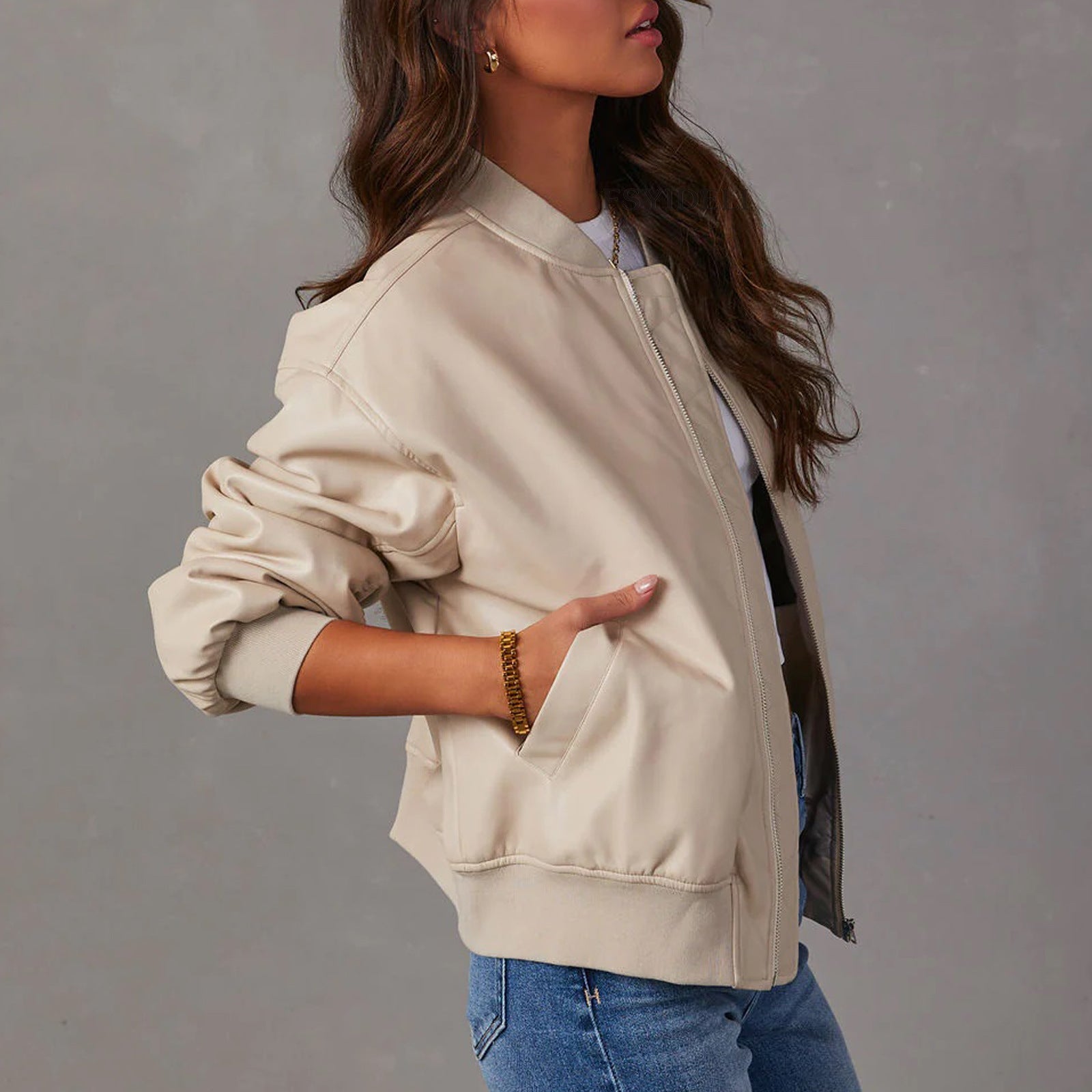 Women's Faux Leather Bomber Jacket Zip-Up Ribbed Cuffs