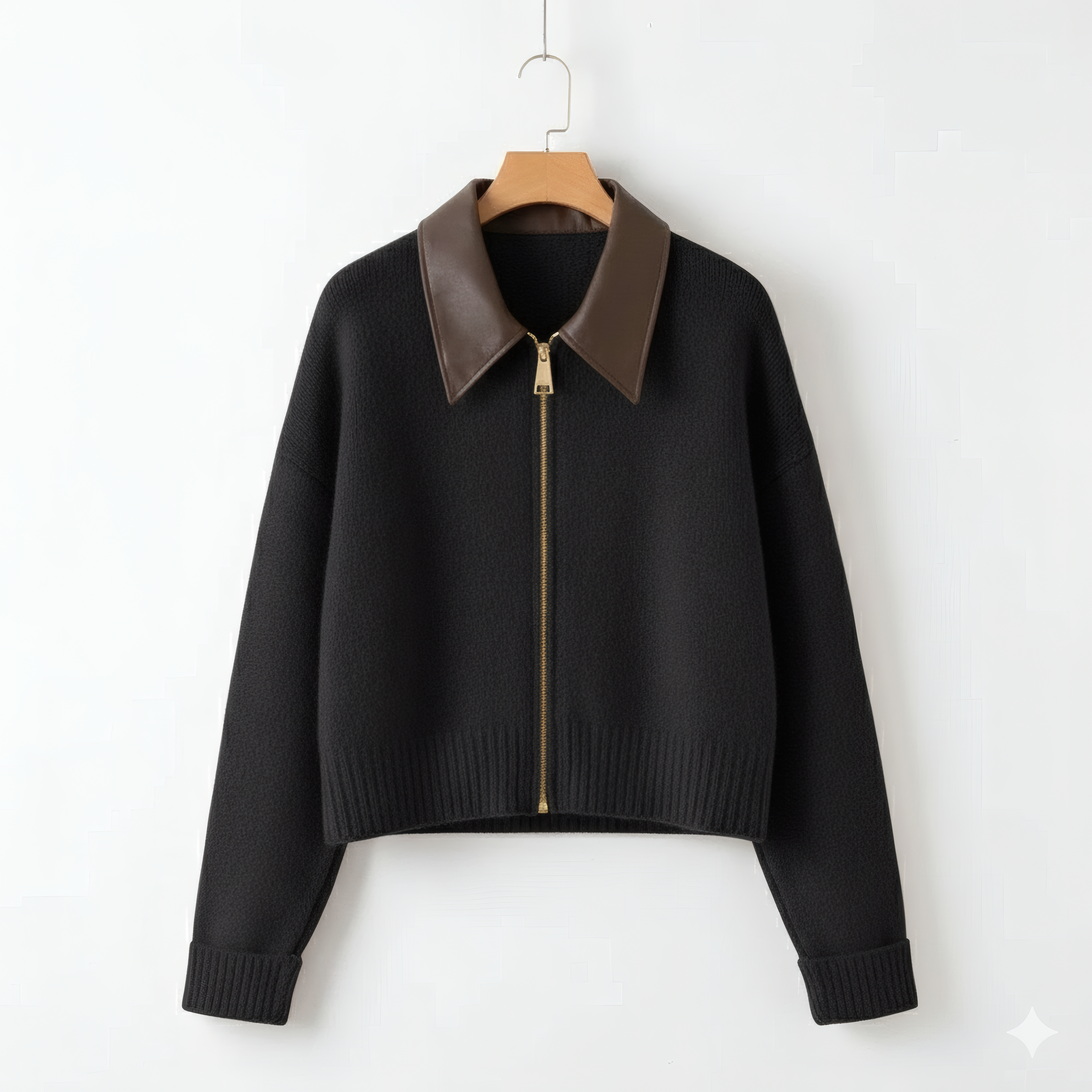 Women's Knit Jacket Faux Leather Polo Collar Full Zip