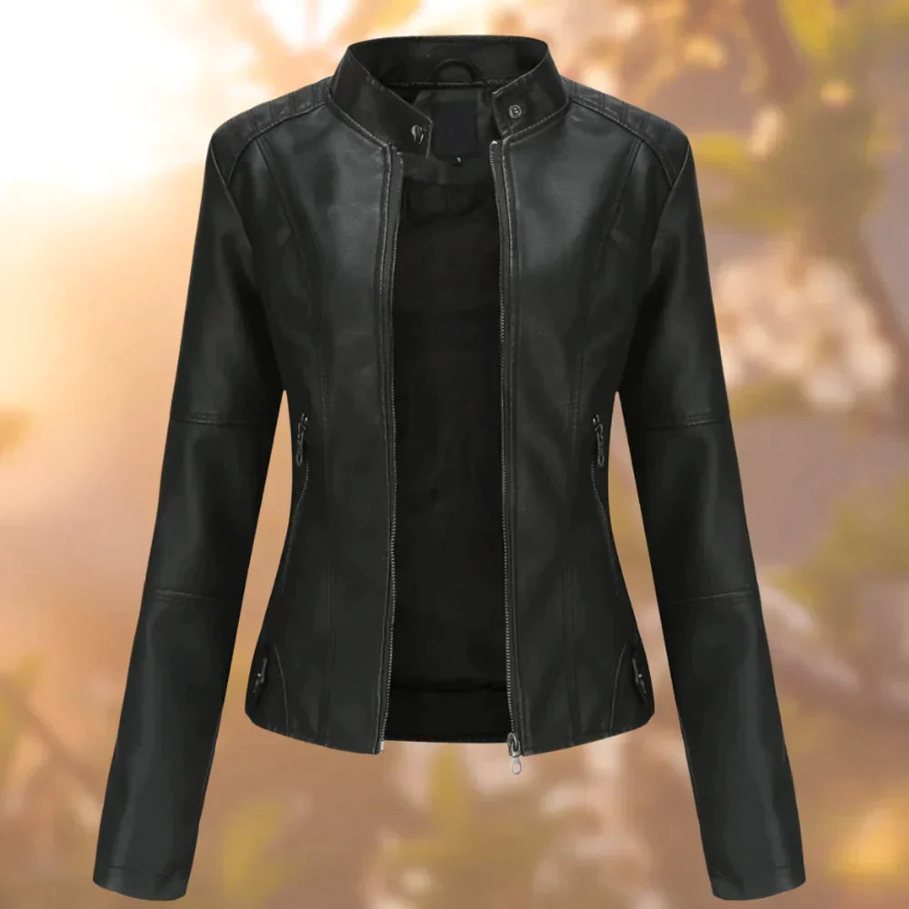 Giacca in pelle da donna, chiusura integrale con zip, colletto corto, struttura definita