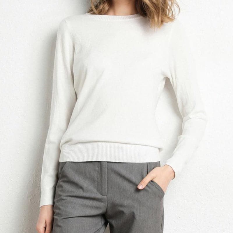 Women's Cashmere-Blend Sweater Round Neck Ribbed Trims
