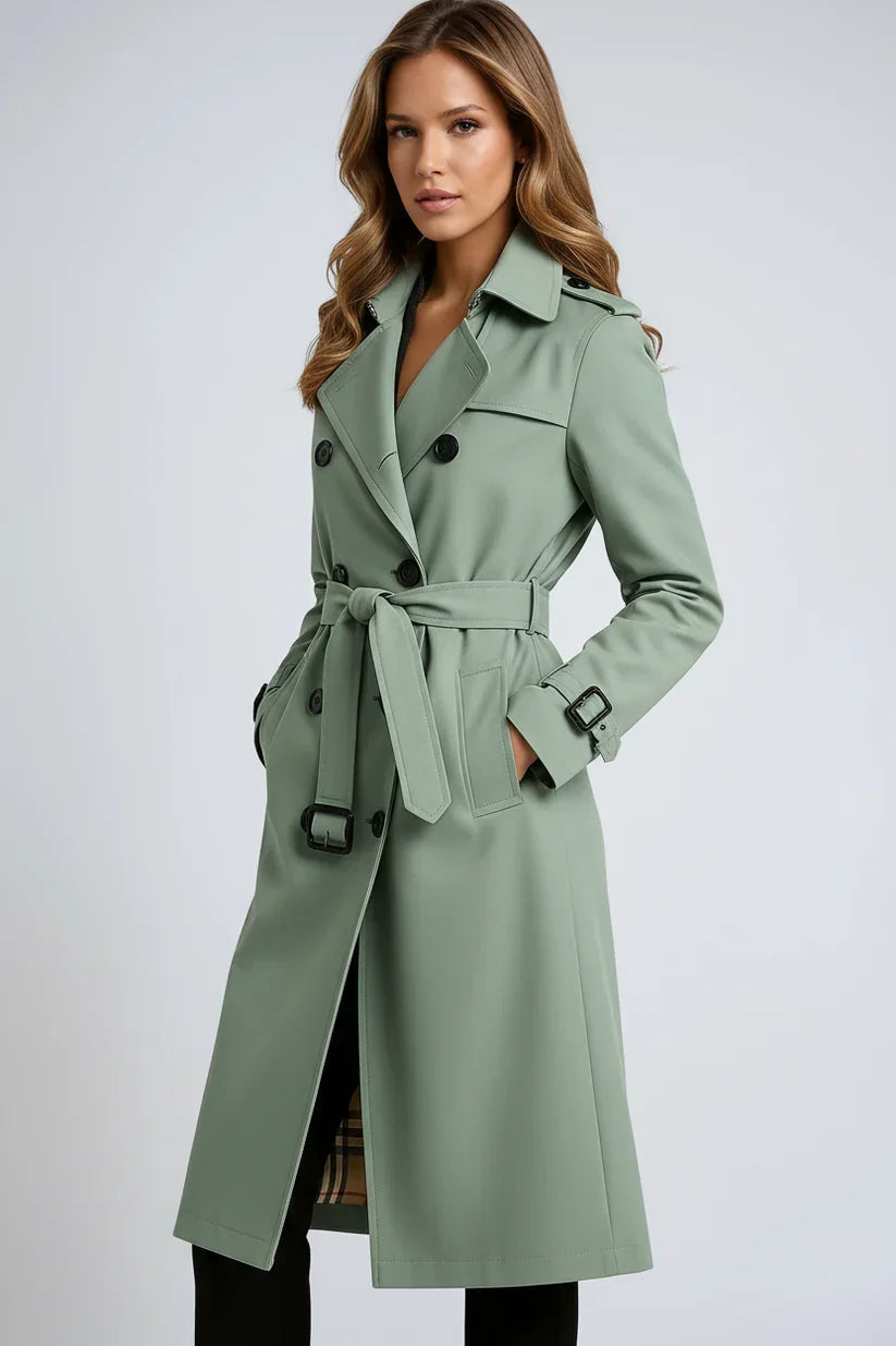 Women's Long Trench Coat with Double Button Closure