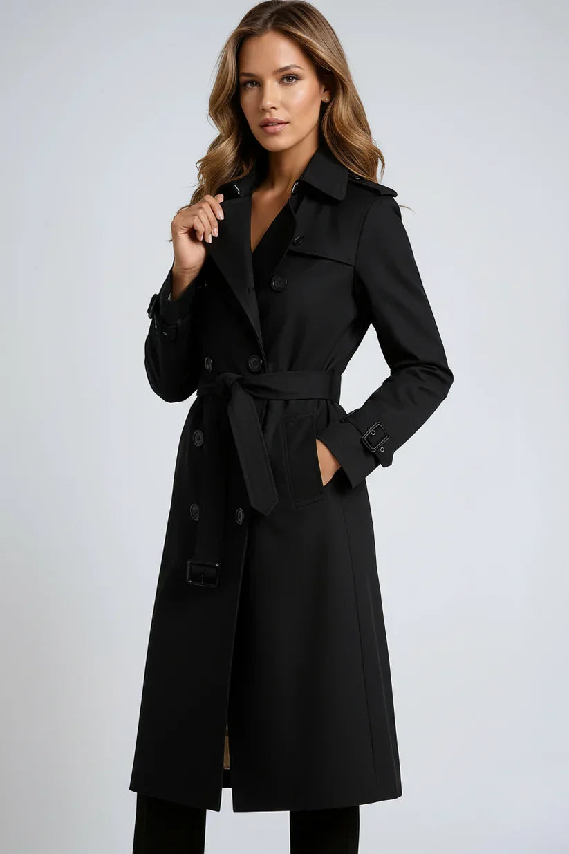 Women's Long Trench Coat with Double Button Closure