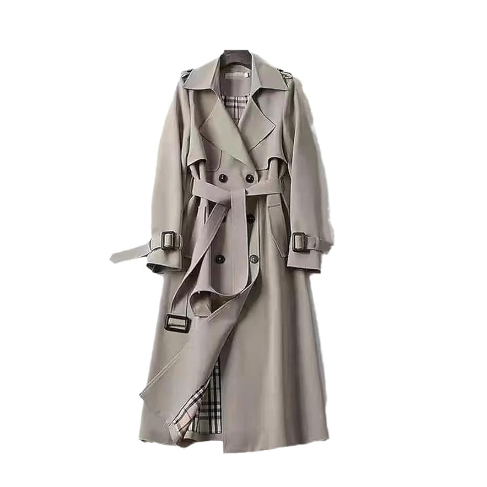 Women's Long Trench Coat with Double Button Closure