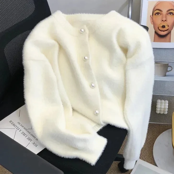 Women's Velvet Knit Cardigan Pearl Buttons Soft Texture