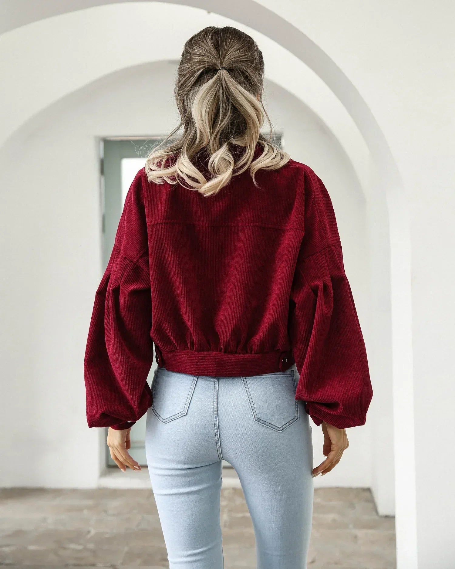 Women's Corduroy Bomber Jacket Cropped Buttoned Collar