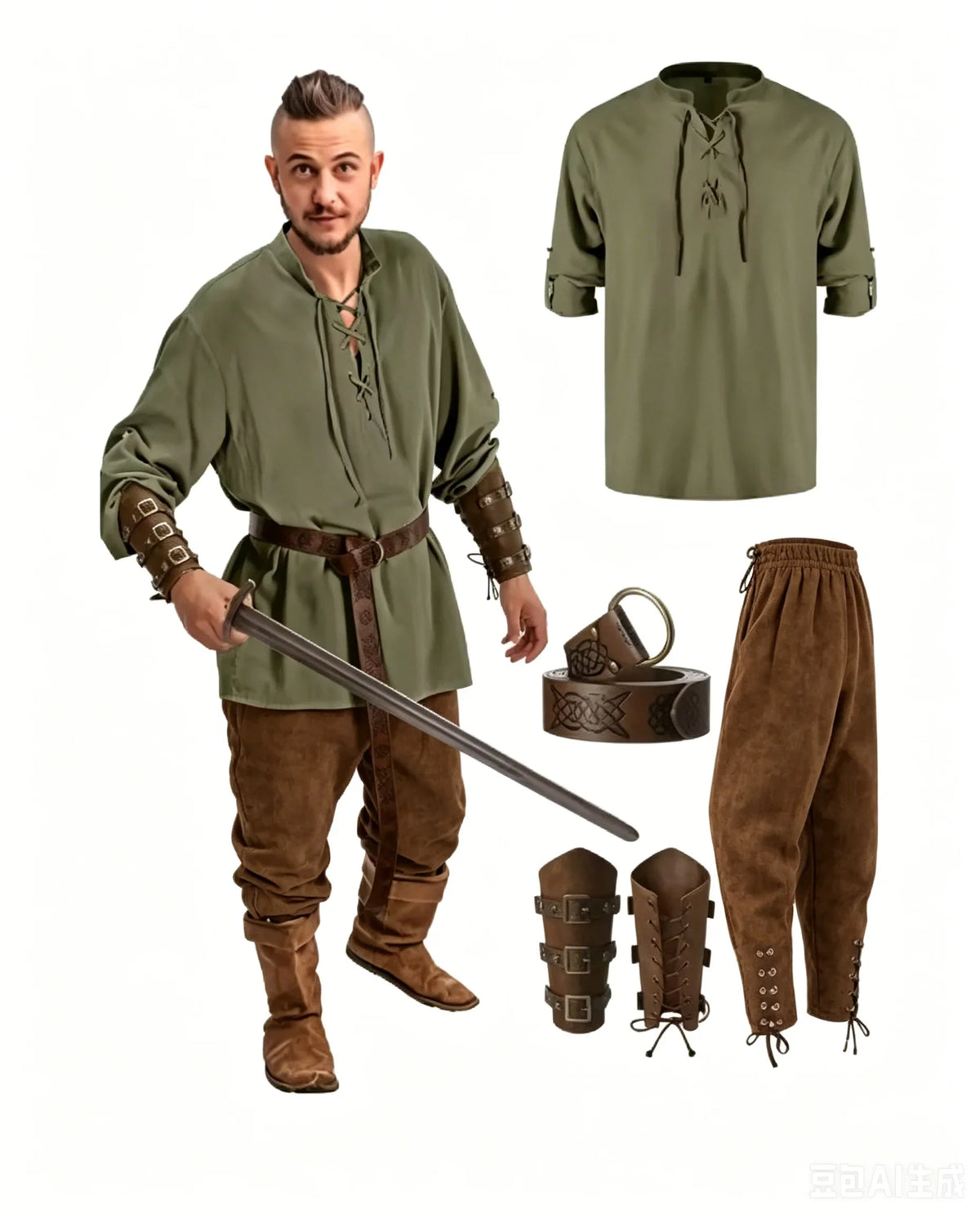 Homme Ensemble Chemise Pantalon Médiéval Halloween Cosplay Ceinture Viking