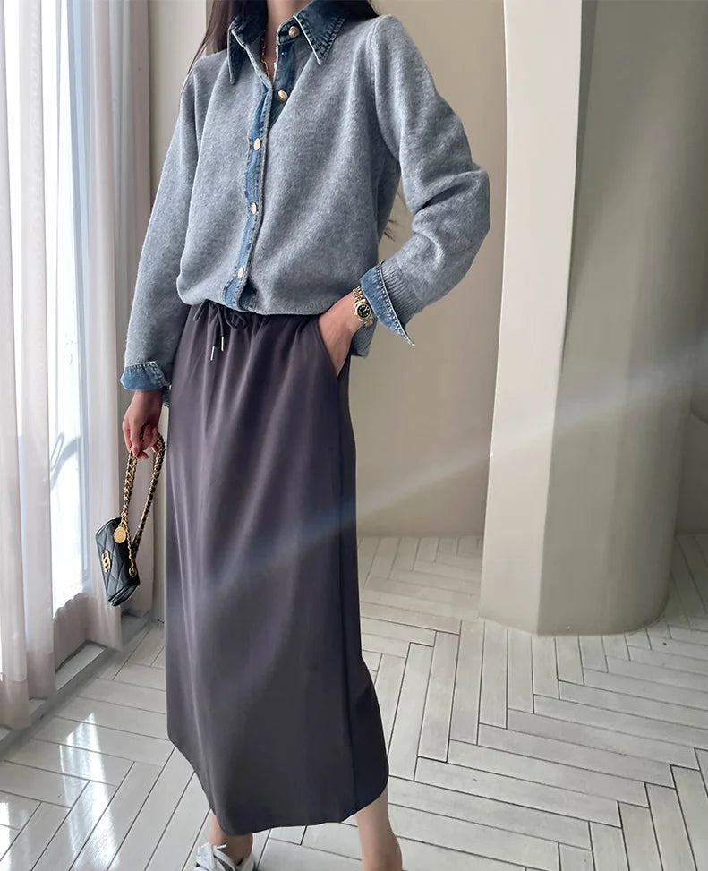 Women's Knit Cardigan Denim Contrast Panels Structured Collar