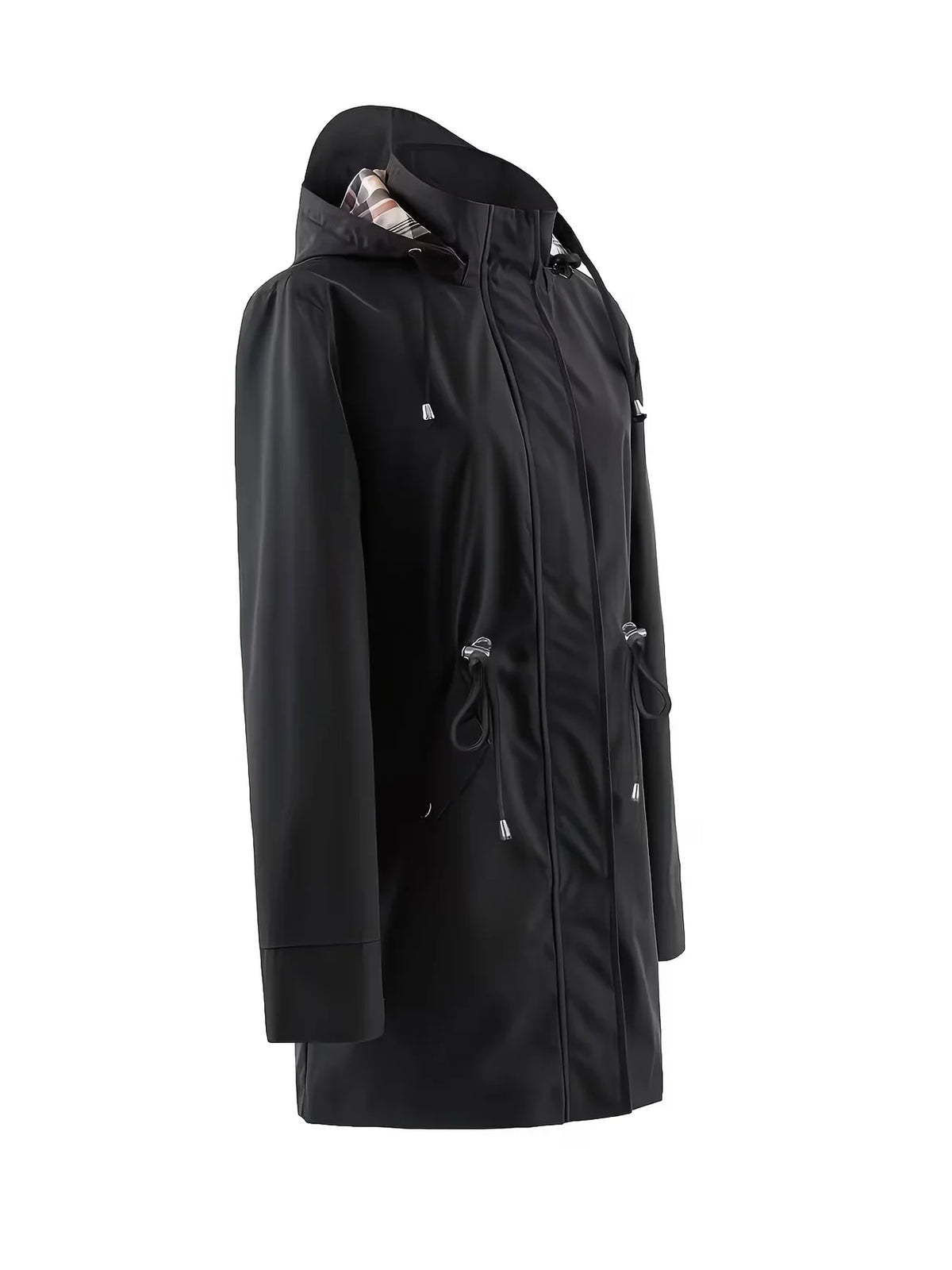 Trench con cappuccio da donna, chiusura con zip e vita regolabile con coulisse