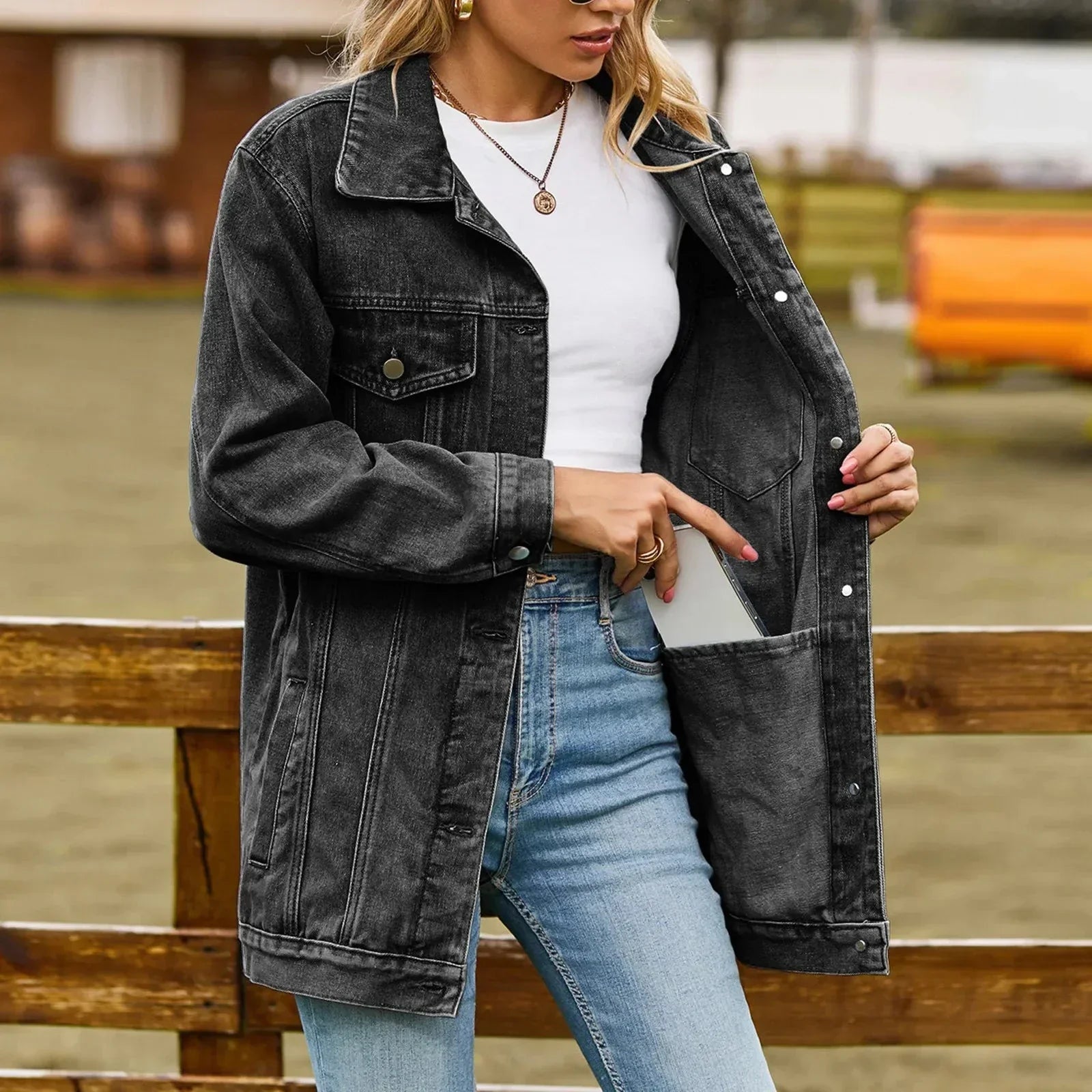 Women's Denim Jacket Washed Finish Flap Pockets