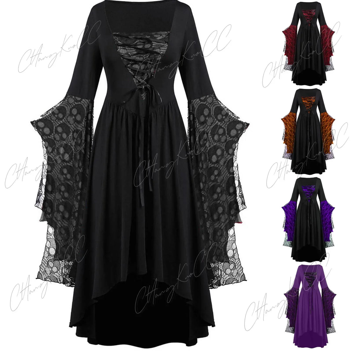 Gothic Lace-Sleeve Dress Women's Halloween Witch Cosplay Costume
