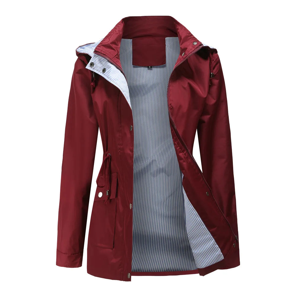 Gabardina con capucha para mujer, resistente al agua, forro a rayas
