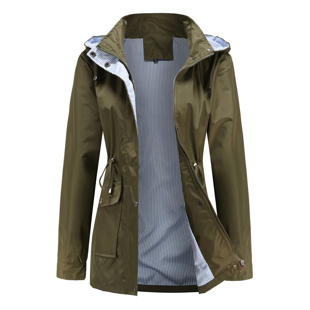 Gabardina con capucha para mujer, resistente al agua, forro a rayas