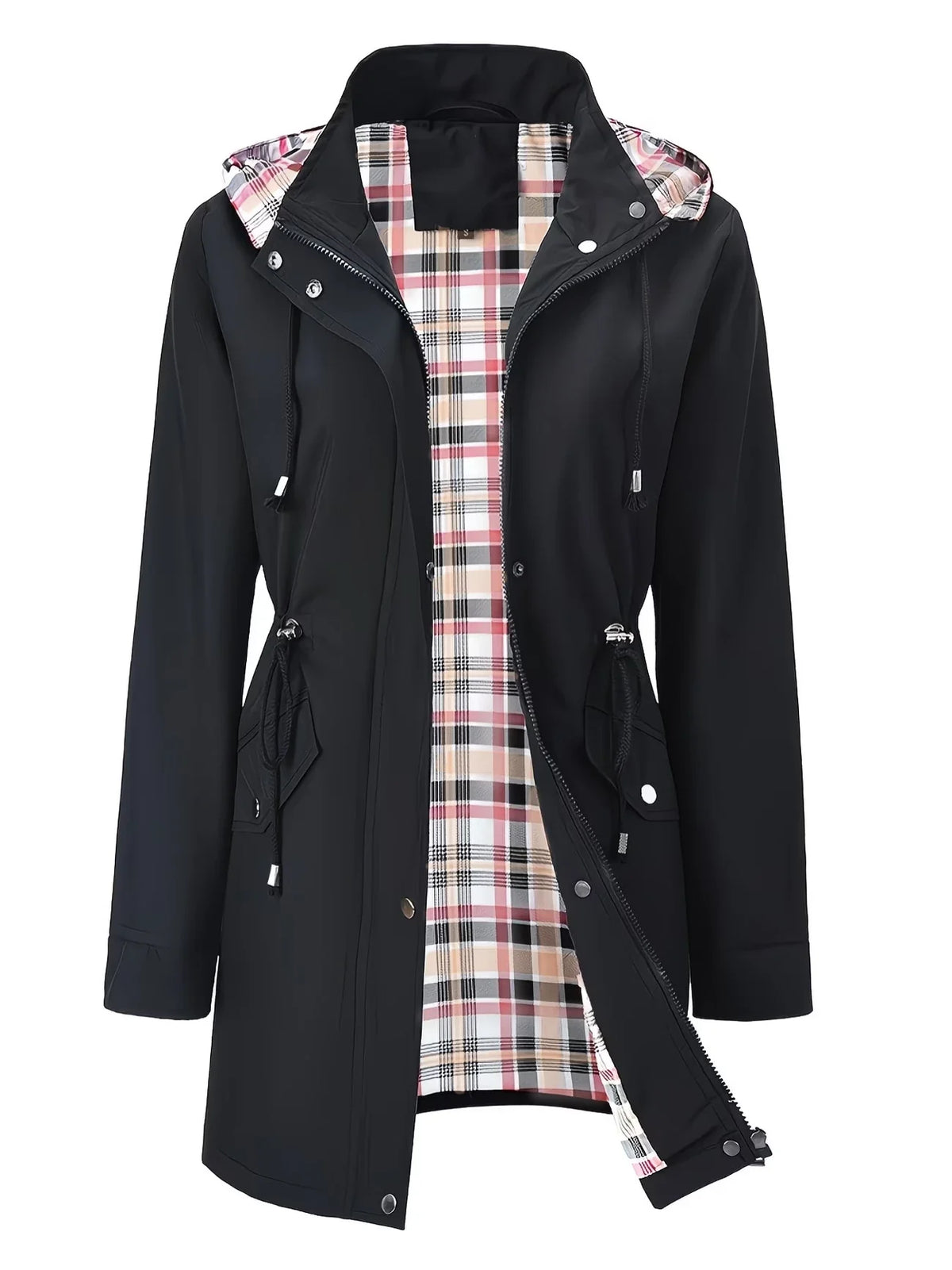 Trench con cappuccio da donna, chiusura con zip e vita regolabile con coulisse