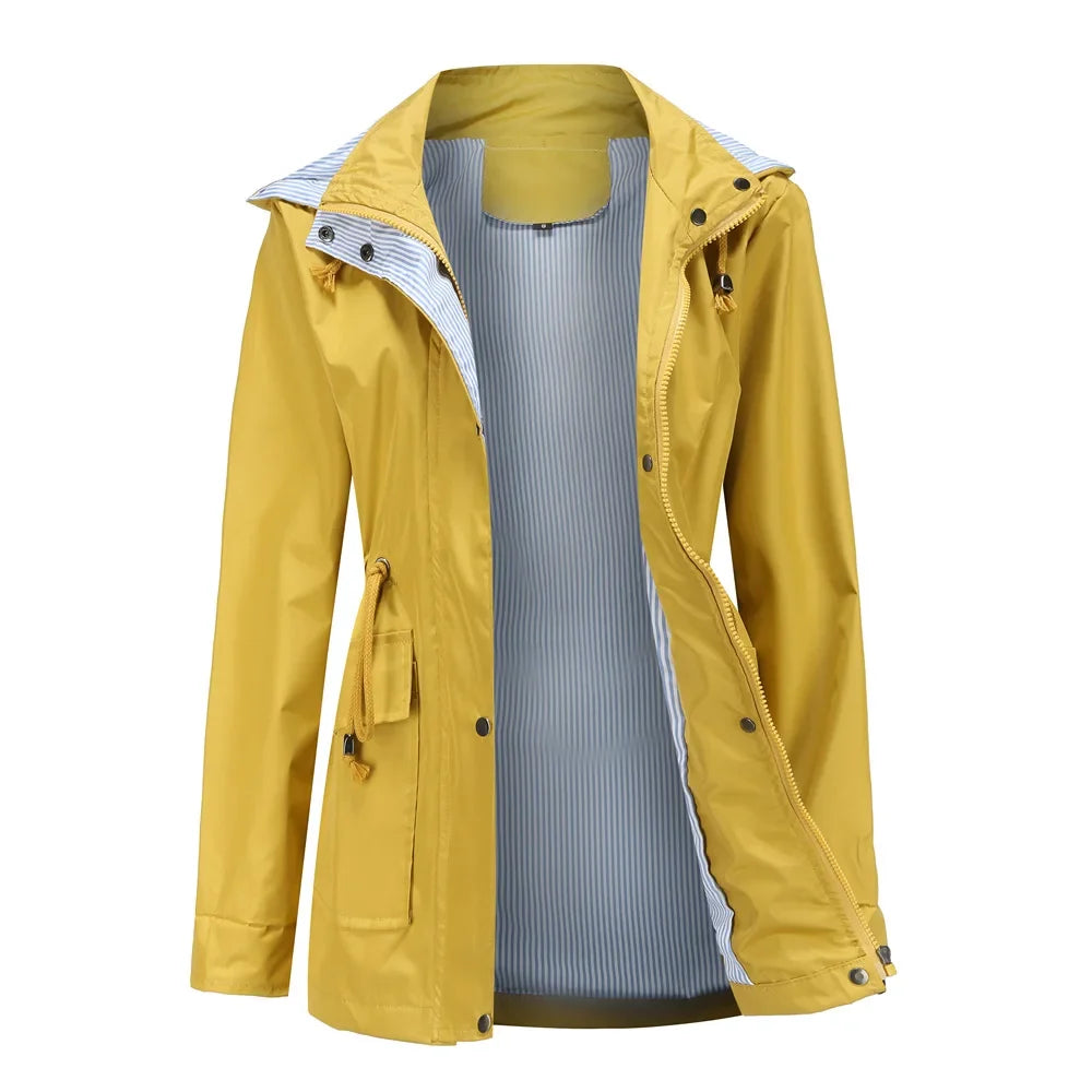 Gabardina con capucha para mujer, resistente al agua, forro a rayas